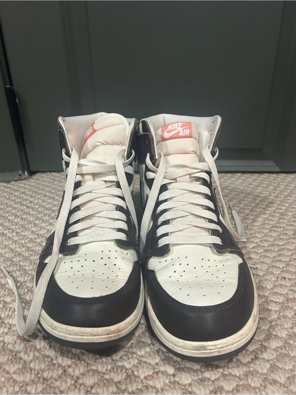 Jordan High-Top Sneakers in White & Dark Brown with Pink Tongue Logo